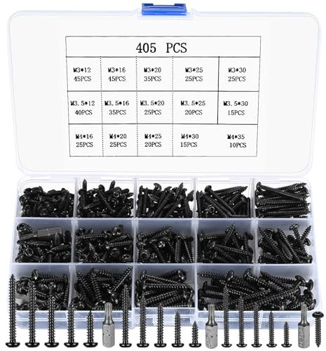 405 Stück schwarz Rundkopfschrauben Set, M3/M3.5/M4, Torx Holzbauschrauben, Kohlenstoffstahl Blechschrauben, Flachkopfschrauben, selbstschneidende Schraube Sortiment Kit, mit 3 Stück Bits