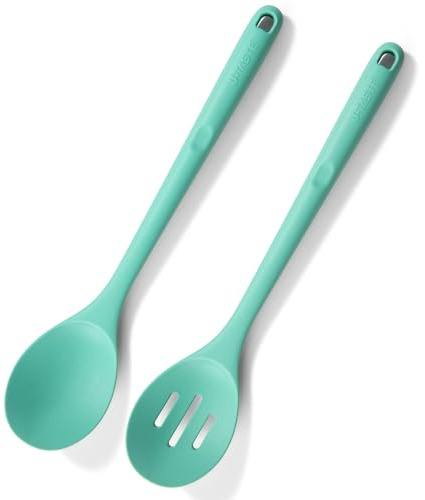 U-Taste Silikon Kochlöffel, 315℃ Hitzebeständiger, 2 Stück, Aqua Sky | 33,9 cm Löffel, antihaftbeschichteter nahtloser Küchen Servierlöffel zum Mischen Rühren Begießen Schöpfen