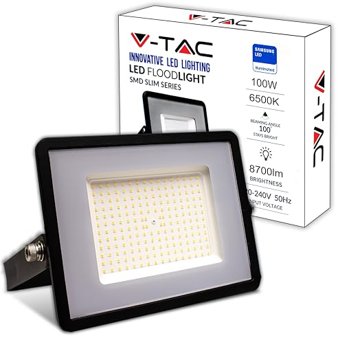 V-TAC Faro LED da Esterno 100W - [Chip Samsung - Alte Perfomance, Bassi Consumi] - 8700 Lumen - IP65 - Proiettore Faretto LED Nero per Casa, Giardino, Garage - Impermeabile - Fari Luce Bianca Fredda