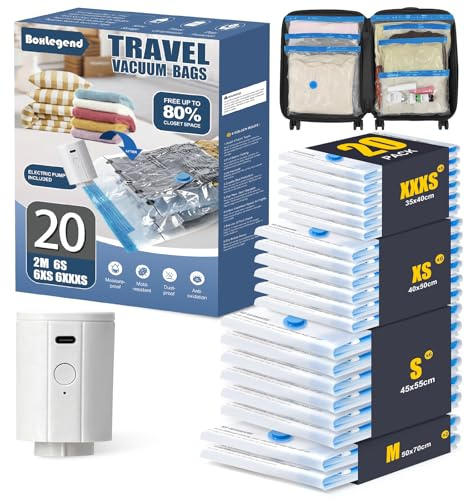 BoxLegend 20 Stück Reise Vakuumbeutel für Kleidung mit 1200mAh USB-Elektrorpumpe- Für Koffer und Rucksack Verdickt & Wasserdicht, 2*70x50+ 6*55x45+ 6*50x40+ 6*40x35cm- Sparen Sie 70% Kofferplatz
