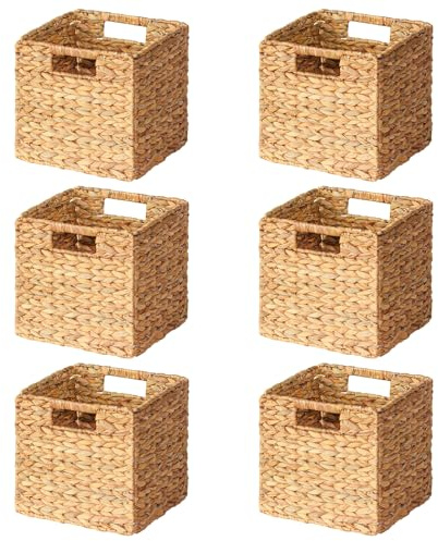 SpaceAid 6 Pack Wicker Basket, Storage Baskets for Organizing, Woven Rattan Basket with Handles for Shelves, Water Hyacinth Large Cube Organizer Storage Bin, 10.5x10.5x10.5 inch, Natural