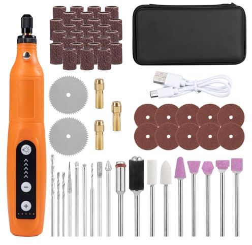 Carehabi Batteria multifunzione con luce a LED, 3 marce (5000 – 15000 rmp), mini drill da 3,7 V con 58 accessori per forare, incisione, lucidatura, levigatura, rimozione della ruggine