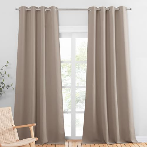 Pony Dance Gardiner med spets färdiga mörkläggningsgardiner värme- och kylavslutande termisk gardin lämplig för vardagsrum sovrum med ringar, 132 B x 240 H cm (2 paneler), gråbrun