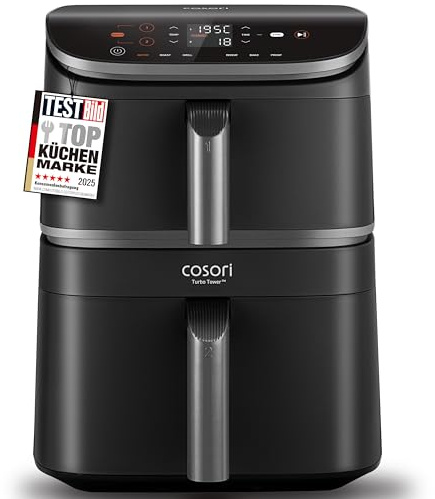 COSORI Airfryer, Heißluftfritteuse 2 Kammern, 10,8 L Heissluftfritteuse, Innovative Mehrfach-Luftgeschwindigkeit, Spart 41 Prozent Platz, Inklusive Rezeptbuch und Edelstahl-Rost, Silbergrau