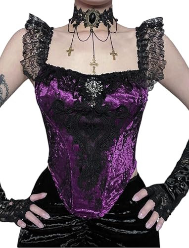 SEAUR Renaissance Corsé Top Mujer Gótico Crop Top Encaje Terciopelo Y2K Tops Vintage Tank Top Party Club Streetwear Carnaval S-L, morado, S