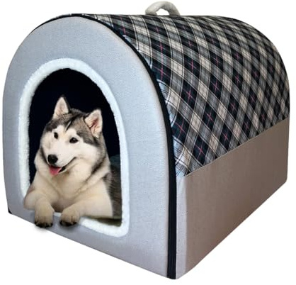 Dog Bed,2 Ways to Use,Indoor Pet House with Fluffy Mat,Removable and Washable Cover,Splash-Proof House and Non-Slip Bottom,for Large Dogs(2XL Plaid & Gray)