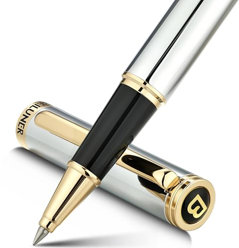 BEILUNER Luxury Rollerball Pen,24K Gold Trim,Noble and Elegant Designs,Schneider Ink Refill, Roller Ball Pen Gift Set for Men & Women, Professional, Executive Office, Nice Pens(Chrome&Gold)