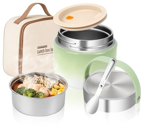 NZZVNZ Contenedor térmico para alimentos, 1200 ml, de acero inoxidable 304, contenedor térmico para alimentos, termo para alimentos, a prueba de fugas con tapa, cuchara y bolsa térmica (verde)