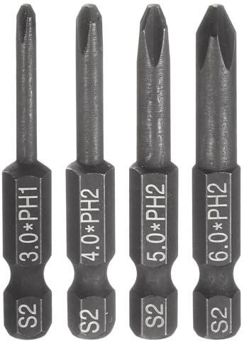 sourcing map Lot de 4 embouts de tournevis cruciformes PH1 + PH2 6,35 mm à tige hexagonale de 50 mm de long magnétique en acier S2, tournevis industriel, outils électriques, noir