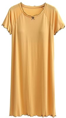KUIH Nightdresses for Women UK Soft Modal Nighties Sleepwear Short Sleeve V Neck Pajamas Dress Ladies Negligees Cotton Nightgown Women's Nightwear Plus Size Night Shirts for Women UK Yellow