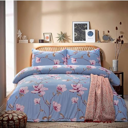 Luxury 4 Piece Bedding Set – Duvet Cover, Fitted Sheet & 2 Pillowcases – Soft, Breathable Fabric – Hotel Quality – Floral/Greek/Jacquard – Machine Washable – Flora Grey, Single