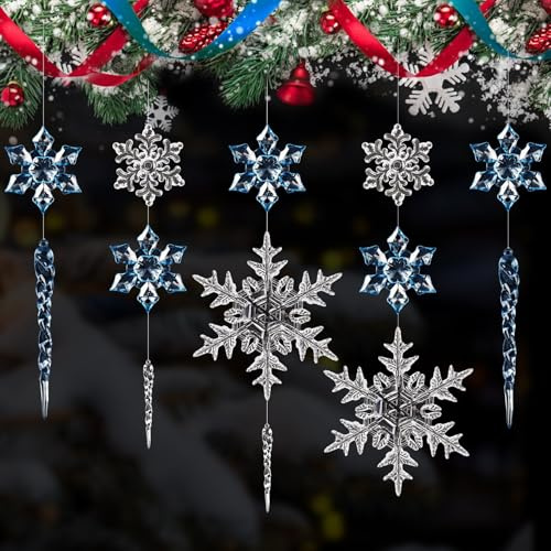 25 Stück schneeflocken deko eiszapfen deko Christbaumschmuck, weihnachtsdeko hängend Klare Acryl weihnachtsbaum anhänger, Schneeflocken Hängende Ornamente für Weihnachten Winter Deko(Transparent Blau)