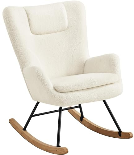 Yaheetech Fauteuil à Bascule Scandinave en Tissu Bouclé Rocking Chair à Haut Dossier Fauteuil Allaitement avec Pieds en Bois Massif Chaise d'appoint pour Salon Chambre Appartement Beige