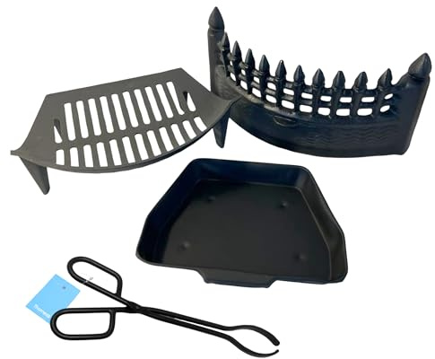 16 Solid Cast IRON FIREPLACE GRATE SET – Castle Front Design with Ash Pan & Steel Log Tongs for Traditional Home Fireplaces
