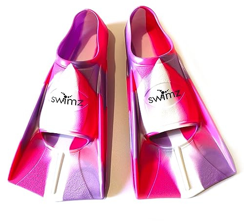 Swimz Short Blade Silicone swim Training Fins - Pink / White / Purple (UK 12.5 - 1 (31.5/32))
