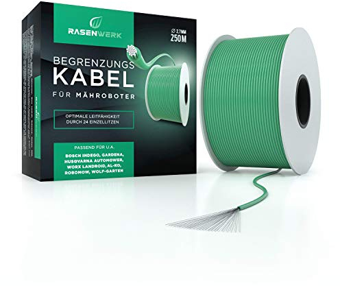 RASENWERK® - 250m Universal Begrenzungskabel für Mähroboter - Begrenzungsdraht für Rasenmäher - Draht aus verzinntem Kupfer - Rasenroboter Zubehör - Ø2,7mm - 250m