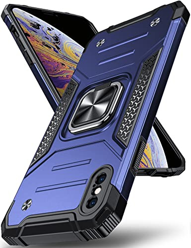 DASFOND Armor Hülle für iPhone X/10 iPhone XS Case mit Kameraschutz Militär Stoßfest Handyhülle [Upgrade 2.0] 360 Grad Metal Ring Halter Ständer Schutzhülle [für Handyhalterung Auto Magnet], Blau