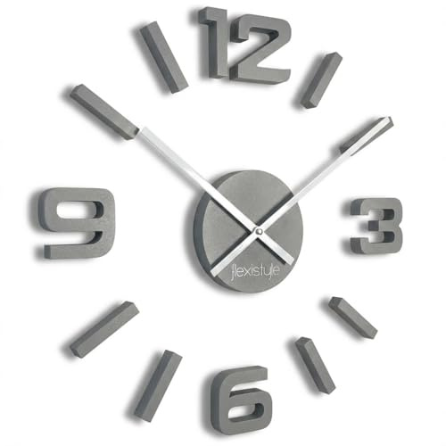 FLEXISTYLE Wanduhr groß Wanduhren DIY große 3D Wanduhr Modern Design Natur ohne tickgeräusche Nicht tickend Wohnzimmer Schlafzimmer Dekoartikel grau 50cm - 75cm