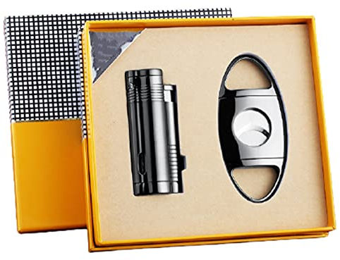 Ensemble D'allume-Flammes à Jet de 3 Torches et Coupe-cigares avec Coupe-Cigare Coupe-Vent Coupe-Vent Allumeur de Cigarettes Au Butane, Boîte-Cadeau pour Hommes