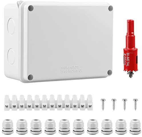 CPROSP Abzweigdose Wasserdicht IP65 Feuchtraumdosen Aufputz-Abzweigkasten 150x110x70mm für Ø6-12 mm, mit 10x Kabelverschraubungen, mit Lochsäge 20mm