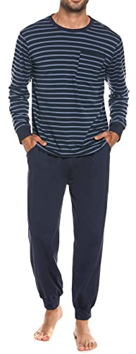 Sykooria Pyjamas för män bomull långärmad pyjamas set nattkläder 2 delar randig pyjamas set och långbyxor med fickor S–3XL, Mörkblå, L