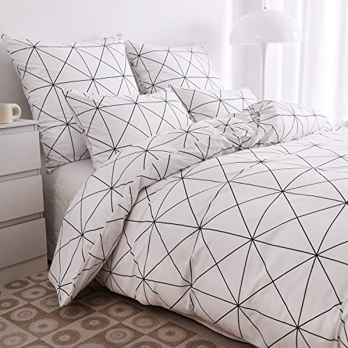Housse de Couette 220x240 à Carreaux Géométrique Noir et Blanc Parure de Lit 2 Personne Sets de Housse de Couette Modern 3 Pièces Ensemble Literie avec Fermeture éclair et 2x 65x65cm Taies d'oreiller