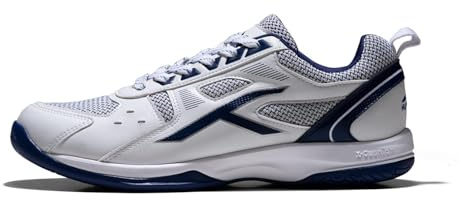 HUNDRED Scarpe da badminton professionali antitraccia Raze per uomo | Materiale: ecopelle | Adatto per tennis indoor, squash, ping pong, basket e padel (Bianco/Navy, Taglia: EU 46, UK 12, US 13)