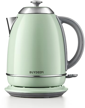 BUYDEEM K640 Stainless Steel Electric Tea Kettle with Auto Shut-Off and Boil Dry Protection, 1.7 Liter Cordless Hot Water Boiler with Swivel Base, 1440W, Cozy Greenish