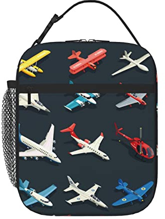 Plane Insulated Lunch Bag Vintage Airplanes and Helicopters Lunch Cooler Box for Women Men Teens Kids, Reusable Lunch Tote Bag for