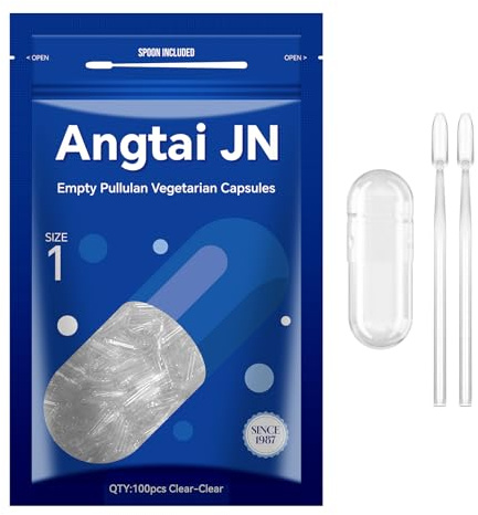 Angtai JN Pullulan Capsule Vegetali Vuote Taglia 1-Chiavi Capsule Vuote per Riempimento con 2 Micro Cucchiai,Capsule Vuote Fai-Da-Te Compatibili con Dimensioni di Riempimento Capsule 1,100 unità