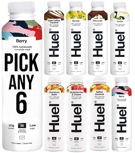 Huel PICK ANY 6 Ready To Drink Nutritionally Complete Meal from 8+ Flavours Inc.Chocolate, Banana, Vanilla, Berry, Salted Caramel, Iced Coffee Caramel, Strawberries & Cream, BLACK EDITION (Each 500ml)