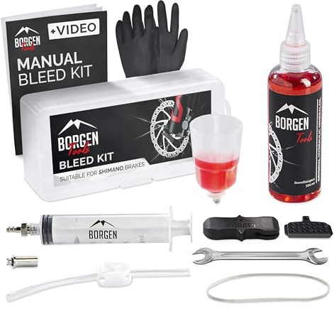 Borgen Brake Bleeding Kit for Shimano Hydraulic Bike Disc Brakes - Bike Bleed Kit with 100 ml (3.4oz) Hydraulic System Shimano Mineral Oil - Instructions and Video - Gloves and Bleed Block Included