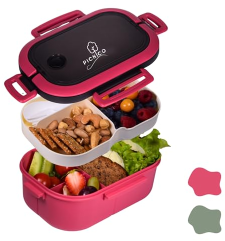 Picnico Lunchbox mit Fächer - 1200ml mit Löffel und Gabel - auslaufsichere Brotdose mit 2 Etagen