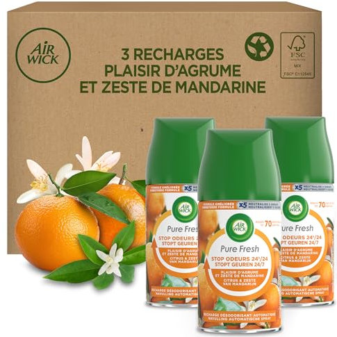 Air Wick Désodorisant Maison Recharges Diffuseur Freshmatic -3 recharges Parfum Plaisir d'agrume et zestes de Mandarine