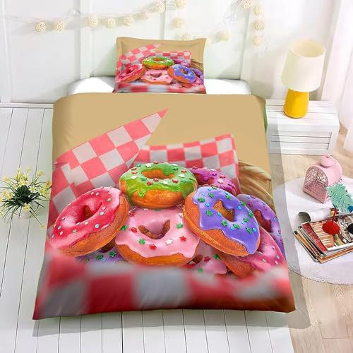 Copripiumino 160x200 Ciambelle Stampa 3D Set Copripiumino Ciambelle Morbido Microfibra Biancheria da Letto Ciambelle, Copripiumone con 2 Federe con Cerniera F2084