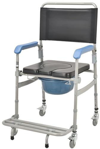 ZXJDP Verstellbarer Nachttisch-Toilettenstuhl Mit Rädern, Faltbare Nachttoilette, Erhöhter Toilettensitz Mit Fußstütze, Mobiler Duschstuhl Mit Griffen Und Rückenlehne Für Ältere Menschen