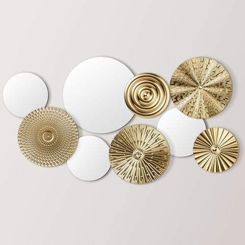 Blulu 9 Stück Spiegel Wanddekor Multi Metall Home Decor Dekorative Kreisplatten Spiegel Modern Runde Große Wandkunst Skulptur Dekor für Wohnzimmer, Büro, Schlafzimmer, Küche, Flur (Gold)