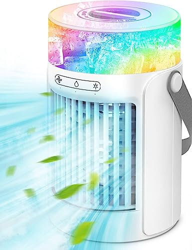 Ventilador portátil de aire acondicionado, mini enfriador de aire evaporativo con 3 velocidades, 7 colores, humidificador de nebulización, enfriador de aire personal, pantalla táctil, ventilador de