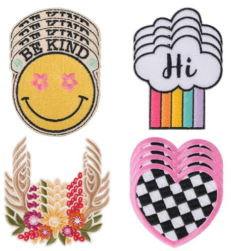 Baypify 16 Stück Patches,Flicken Zum Aufbügeln Kinder,Bestickte,Bügelbilder Aufnäher Set – Smiley-Gesicht, Liebe, Regenbogen, Blumen –für Stoff Hut Jacke Jeans (niedliche)
