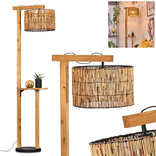 Lampadaire Cando, lampadaire en bois/métal/bambou de couleur naturelle/noir, lampe de style bohème moderne (Ø 35 cm), hauteur 171,5 cm, avec interrupteur au pied et tablette, 1 x E27, sans ampoule