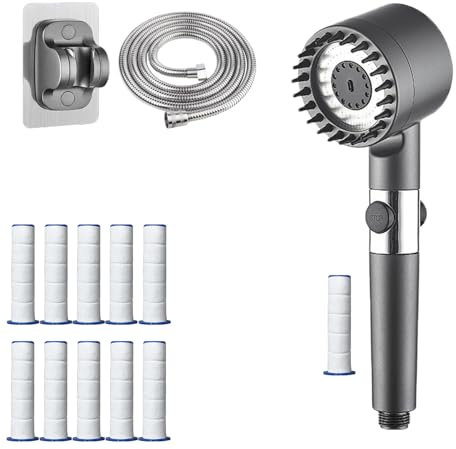 Shower Head High Pressure Water-Saving Hand Shower Massage Shower with 4 Modes, 2 m Hose, Holder, Multifunctional Filter with 11 Filters, Adjustable Bathroom Economy Shower Head for Adults, 1 Grey
