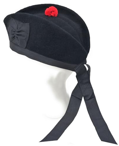Kilt Emporium Scottish Piper Glengarry - Gorra militar de lana pura con pompón rojo, forro transpirable, ajuste cómodo, Negro, 8