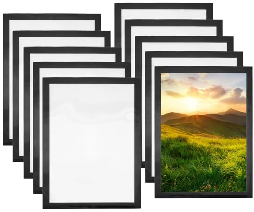A4 Magnetic Picture Frames, 10 Pack Picture Photo Frame Set with Adhesive Backing Collage Picture Frame Set Ideal for Home Office Wall Refrigerator Door Table Top Display (Black)