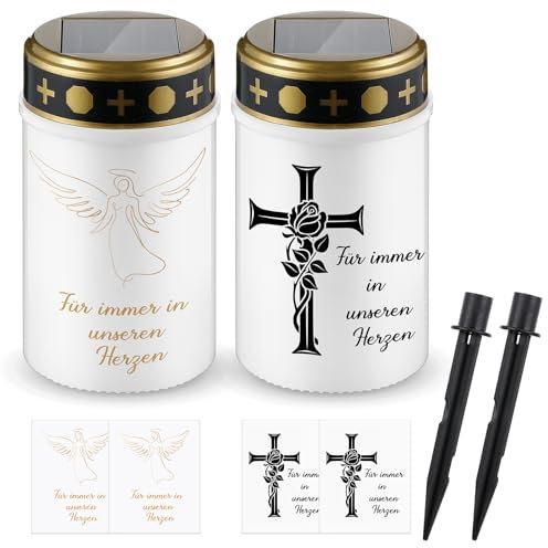 Nezyo 2 Pezzi Candele Solari per Cimitero da Esterno Lampada Commemorativa Solare Lampada da Tomba Luci per Tomba Candele Cimiteriali Impermeabili (Bianco, Croce e Angelo)