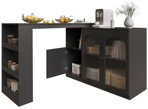 HAINEW Bartisch Ausziehbarer Esstisch mit 2 Glas Türen und 1 Holztür, Moderner Küchentisch Sideboard mit Offene Stauraum, 360° Drehbarer Buffettisch Beistelltisch für Wohnzimmer Küche (Schwarz)