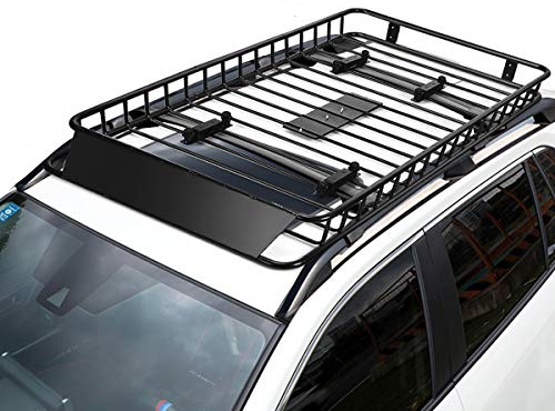 HOMFME Roof Rack Basket, 116-162 x 99 x 15cm Expandable Steel Car Top Luggage Holder with 2 Reflectors and Wind Fairing, Universal Rooftop Cargo Carrier Tray for Car SUV Truck, 113kg Weight Capacity