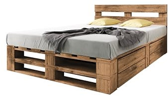 Lermowood Palettenbett M2 aus Holz 200 x 200 cm Eiche mit Kopfteil und 2 Bettkästen Holzbett 40cm Stabiles Seniorenbett Kinderbett Jugendbett Gästebett erhöhtes Bettgestell Futonbett Komforthöhe