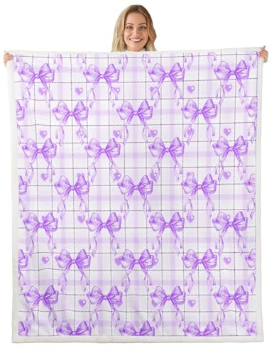 Loussiesd Manta de forro polar con lazo de acuarela púrpura para cama, sofá, niños, doble de 60 x 79 pulgadas, coqueta con lazos de coqueta, manta de felpa dulce con lazo, cobija de sherpa con lazos