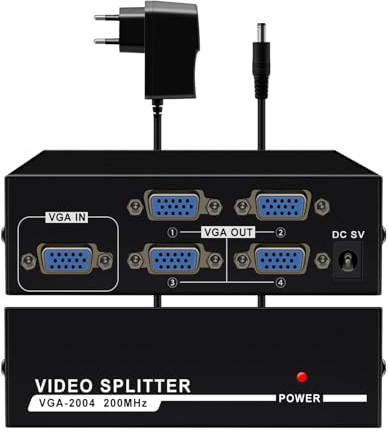 HuaLiSiJi VGA Splitter 1 in 4 Out Monitor VGA Verteiler Box 4 Port Unterstützt Breitwand 1920X1440 200 MHz mit Adattatore di alimentazione DC 5V (Schwarz)