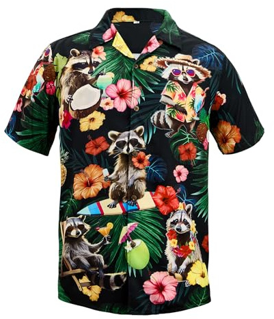 Zando Funny Hawaiian Shirt for Men – Raccoon Funny Tropical Short Sleeve Button Down Aloha Outfits Top, Casual Printed Summer Beach Clothes Top for Vacation, Party,or Holiday Large